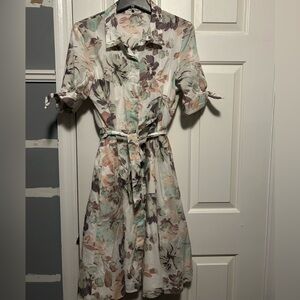 Calvin Klein Floral Long Sleeve Dress - Cream and Purple
